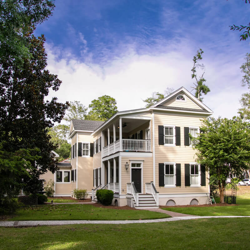 A classic Charleston single house with a two-story piazza, the style of home common across the Lowcountry
